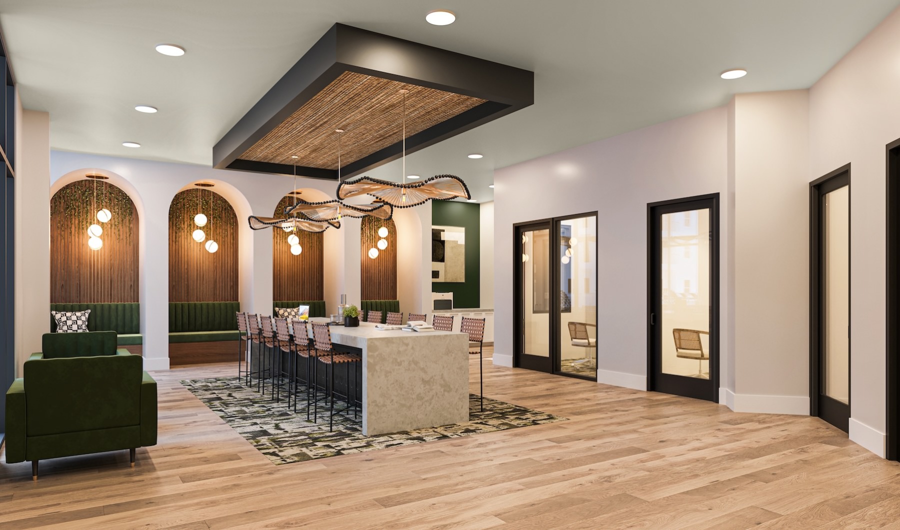 Access to resident only amenities a room with a large table with seating